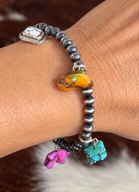Sterling Silver Pearl Bead Bracelet w Hand-Carved Turquoise Charms – 5mm, 7 Inch